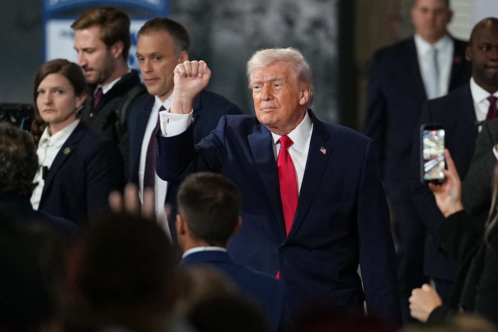 President Donald Trump gestures after speaking to soldiers and their families at Fort Bragg, N.C., Friday, Feb. 13, 2026. (AP Photo/Matt Rourke)