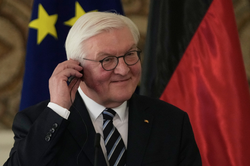 German President Frank-Walter Steinmeier speaks during a joint press conference with his Lebanese counterpart Joseph Aoun, at the presidential palace in Baabda, east of Beirut, Lebanon, Monday, Feb. 16, 2026. (AP Photo/Hussein Malla)