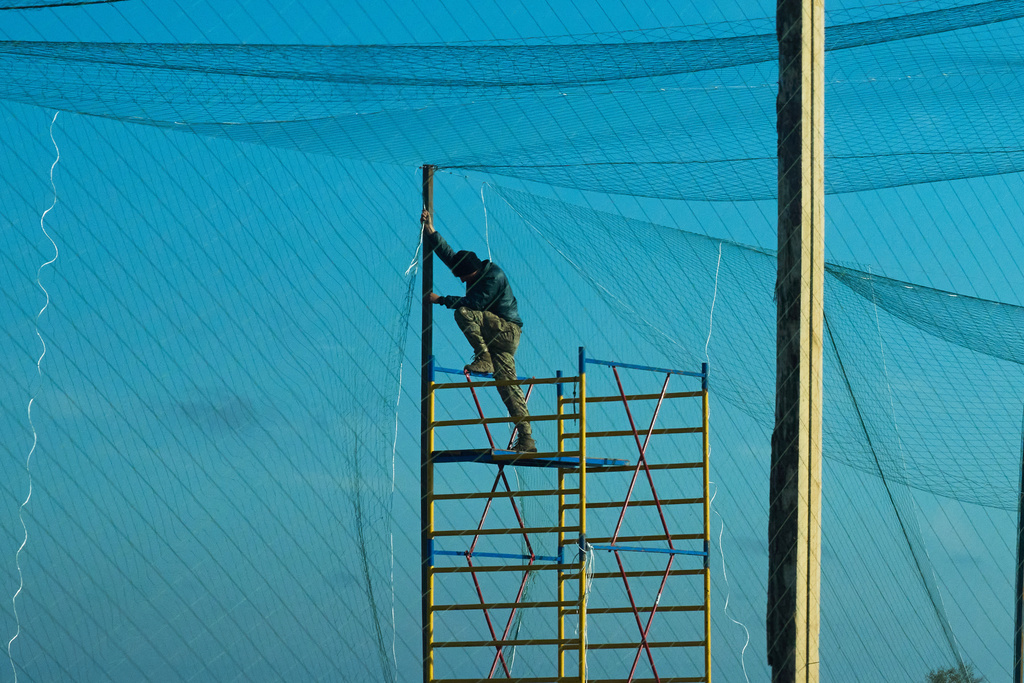 A worker installs an anti-FPV-drone net above the road at the approaches to the frontline city of Kherson, Southern Ukraine, Monday, Nov. 3, 2025. (AP Photo/Efrem Lukatsky)