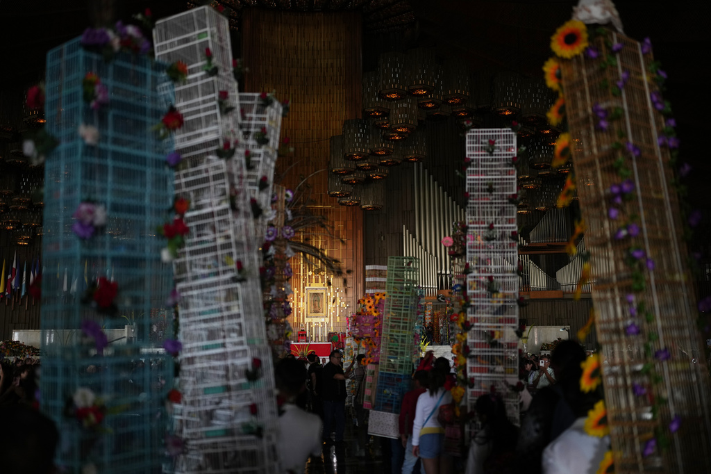 Bird vendors with decorated bird cages enter the Basilica of Guadalupe during their annual pilgrimage in Mexico City, Sunday, March 29, 2026. (AP Photo/Eduardo Verdugo)