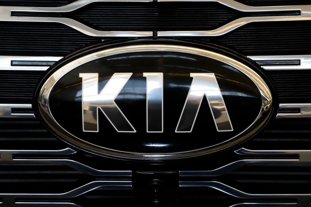 FILE - The front grill of a 2020 KIA Telluride is on display at the 2020 Pittsburgh International Auto Show, Feb.13, 2020 in Pittsburgh. (AP Photo/Gene J. Puskar, File)
