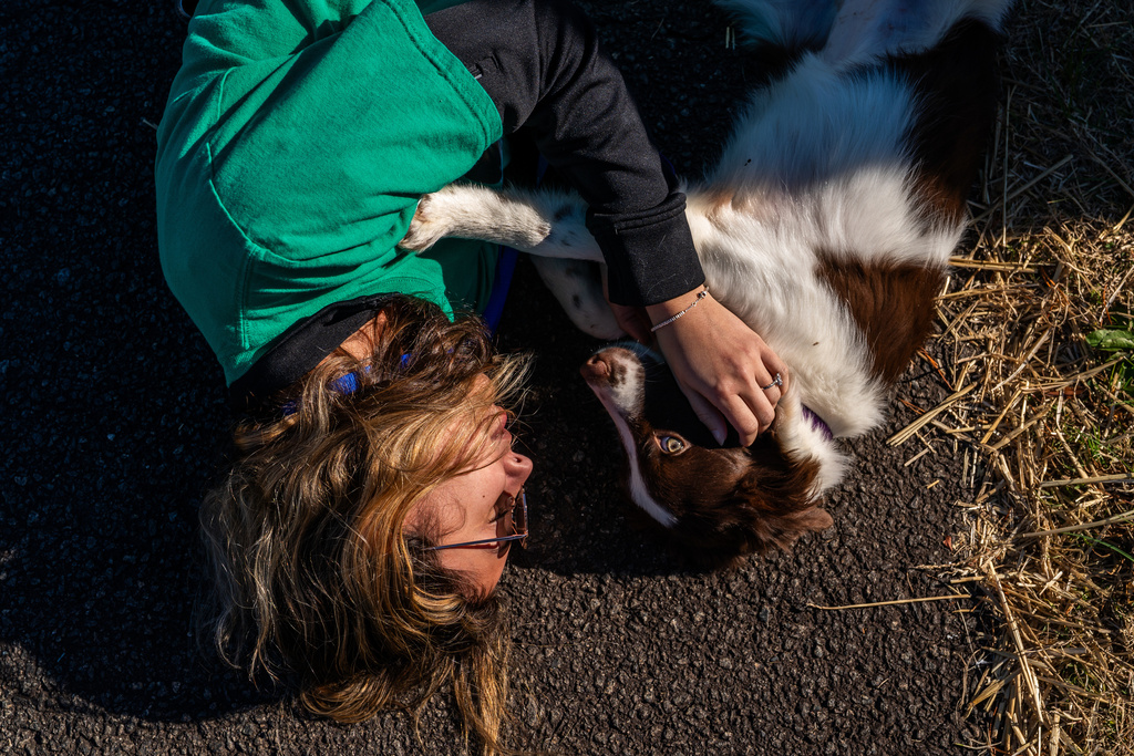 Seuk’s Army volunteer Katelynn Aldarondo cuddles with a dog brought from an overwhelmed Southern animal shelter to be flown to a foster and rescue group farther north, as they lie on the pavement between connecting flights at Culpeper Regional Airport in Brandy Station, Va., Nov. 23, 2025. (AP Photo/Allison Robbert)