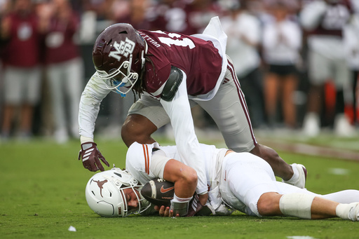 Mississippi State linebacker Derion Gullette, top, sacks Texas quarterback Arch Manning, bottom, during the first half of an NCAA college football game in Starkville, Miss., Saturday, Oct. 25, 2025. (AP Photo/James Pugh) Mississippi State linebacker Derion Gullette, top, sacks Texas quarterback Arch Manning, bottom, during the first half of an NCAA college football game in Starkville, Miss., Saturday, Oct. 25, 2025. (AP Photo/James Pugh)