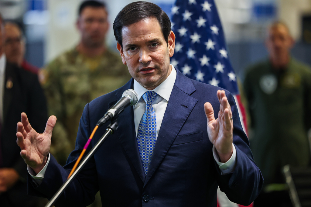 US Secretary of State Marco Rubio speaks to the media after visiting the Civil-Military Coordination Center in southern Israel, Friday, Oct. 24, 2025. (Fadel Senna/Pool Photo via AP)