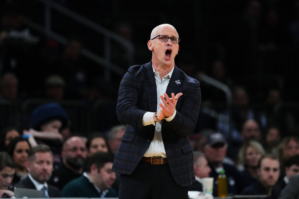 UConn head coach Dan Hurley calls out to his team during first half of an NCAA college basketball game against Xavier in the quarterfinals of the Big East basketball tournament Thursday, March 12, 2026, in New York. (AP Photo/Frank Franklin II)