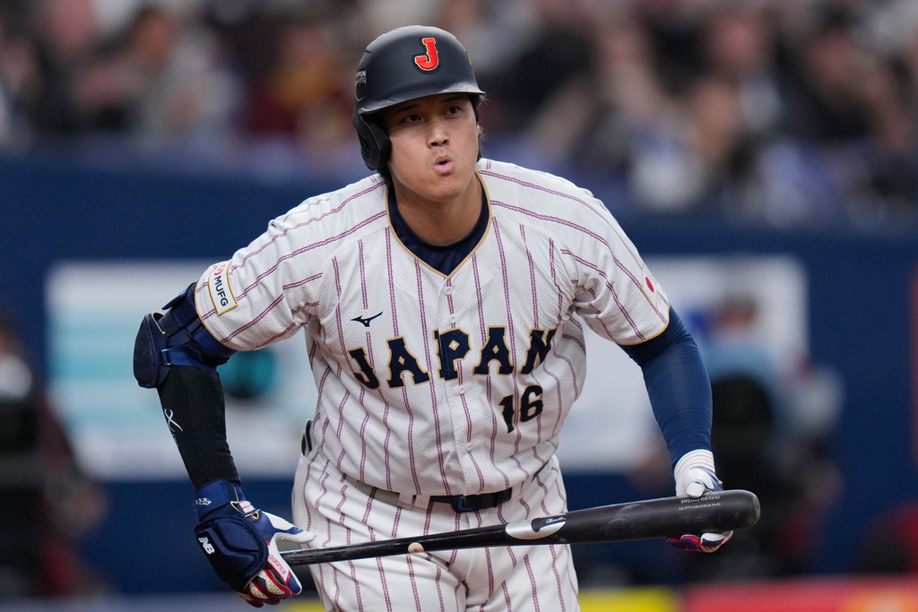 Shohei Ohtani of Japan reacts during the exhibition game between Japan national team and Orix Buffaloes prior to the Pool C games at the World Baseball Classic on Monday, March 2, 2026 in Osaka, western Japan. (AP Photo/Eugene Hoshiko)