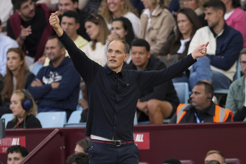 England's head coach Thomas Tuchel reacts during the World Cup Group K qualifying match between England and Andorra at Villa Park stadium in Birmingham, Saturday, Sept. 6, 2025 . (AP Photo/Dave Shopland)