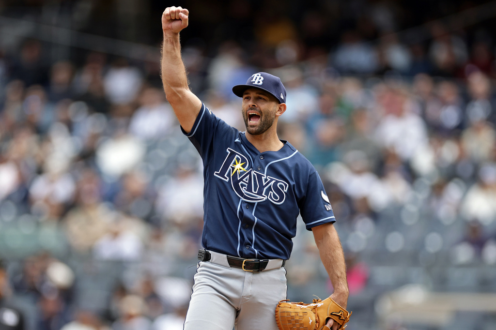 Tampa Bay Rays starting pitcher Nick Martinez reacts in the fifth inning during the first baseball game of a doubleheader against the New York Yankees, Tuesday, Sept. 22, 2026, in New York. (AP Photo/Adam Hunger)
