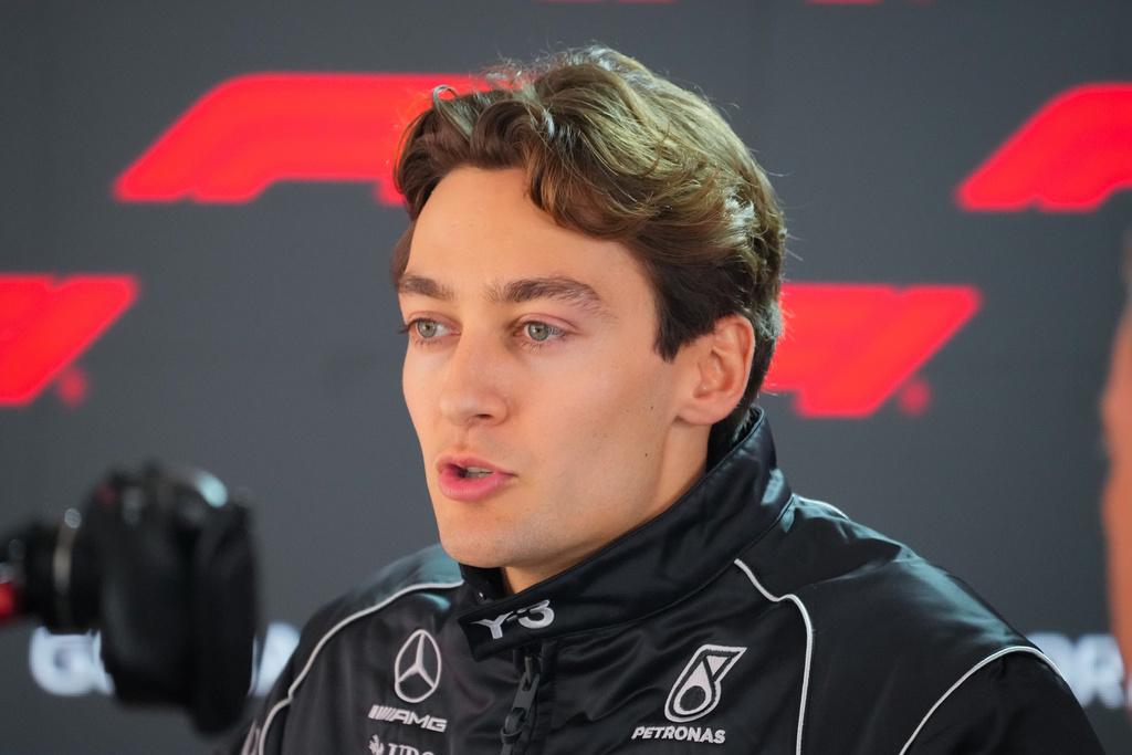 Mercedes driver George Russell of Britain speaks during an interview ahead of the Chinese Formula One Grand Prix race at the Shanghai International Circuit, in Shanghai, China, Thursday, March 12, 2026. (AP Photo/Vincent Thian)