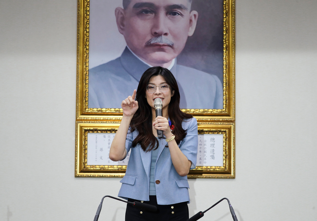 Cheng Li-wun delivers a speech after winning in the Kuomintang (KMT, Nationalist Party) chairman election in Taipei, Taiwan, Saturday, Oct. 18, 2025. (AP Photo/Chiang Ying-ying)