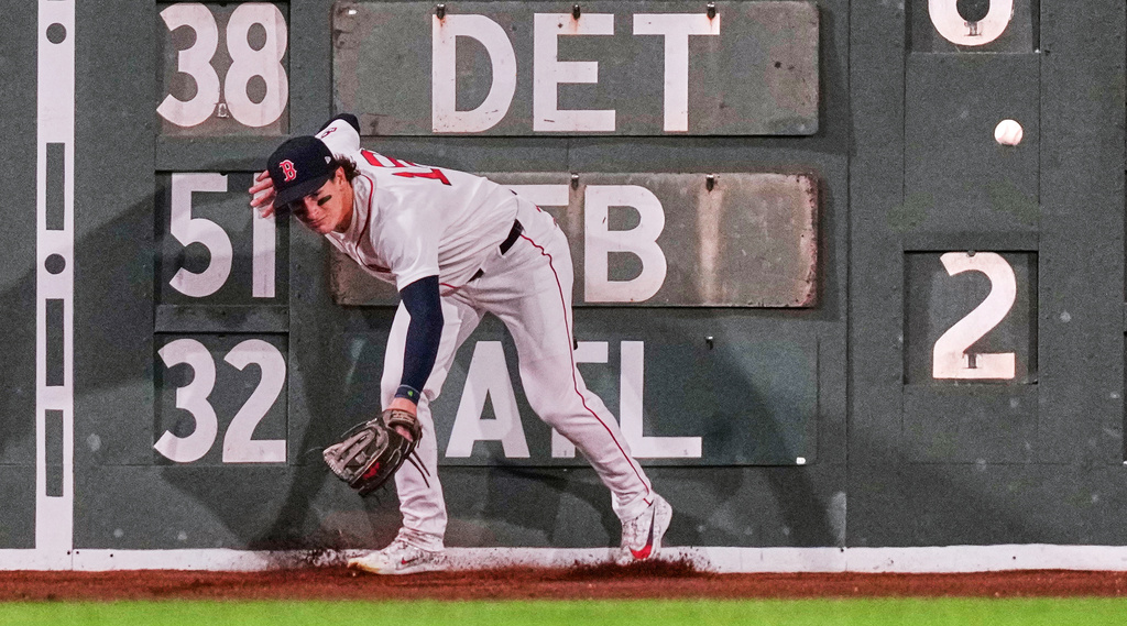 Boston Red Sox's Roman Anthony (19) misses making the play on a double by Los Angeles Angels' Travis D'Arnaud during the fifth inning of a baseball game, Tuesday, Sept. 8, 2026, in Boston. (AP Photo/Charles Krupa)-