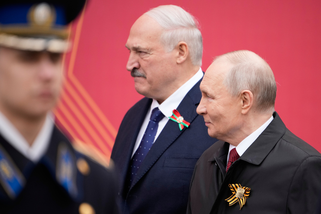 From left, Belarusian President Alexander Lukashenko and Russian President Vladimir Putin attend the Victory Day military parade in Moscow, Saturday, May 9, 2026, during celebrations of the 81st anniversary of the Soviet Union's victory over Nazi Germany during the World War II. (AP Photo/Pavel Bednyakov, Pool)