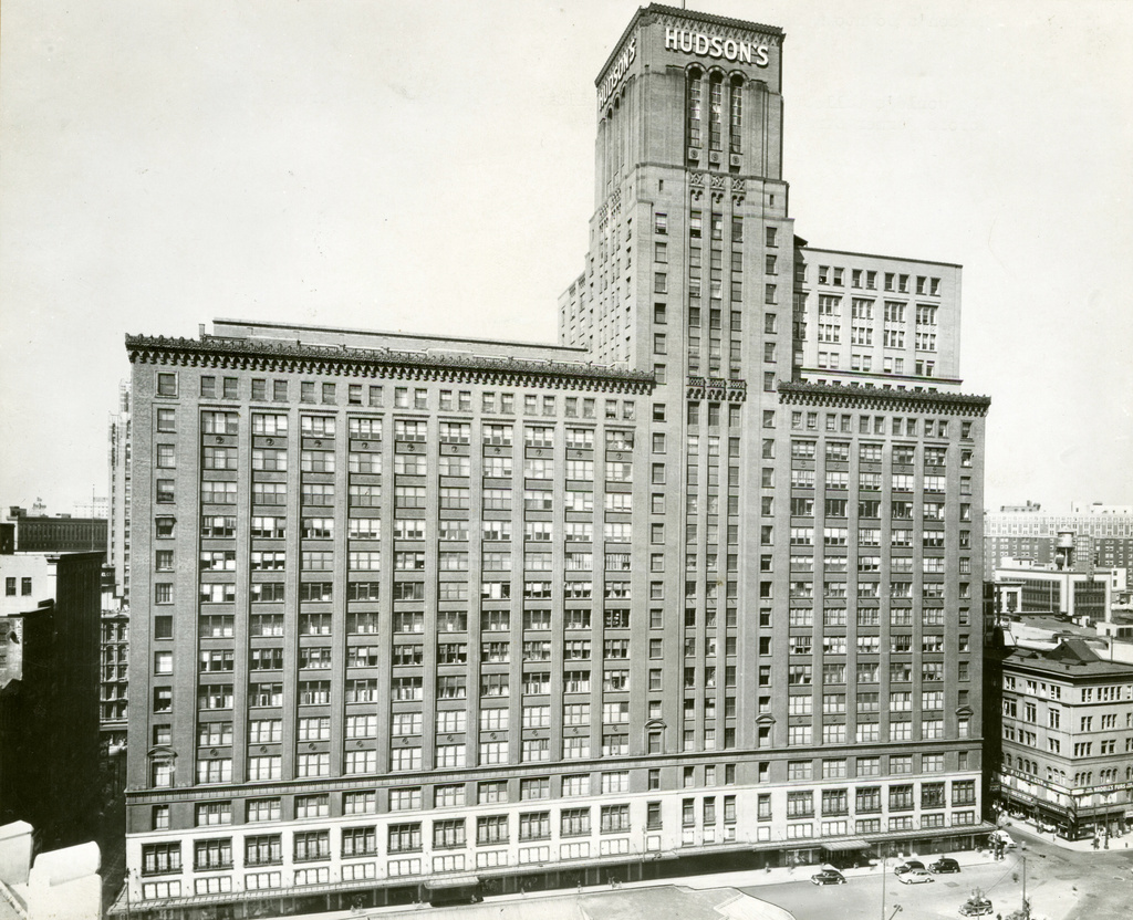 This 1940s photo provided by the Detroit Historical Society shows the exterior of The J.L. Hudson Company Department Store in Detroit. (Detroit Historical Society via AP)