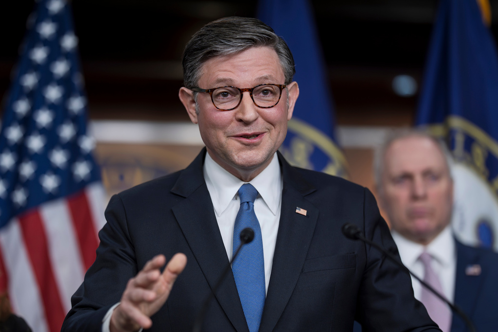 Speaker of the House Mike Johnson, R-La., gestures as he and the GOP leadership talk about the war against Iran, during a news conference at the Capitol in Washington, Wednesday, March 4, 2026. (AP Photo/J. Scott Applewhite)
