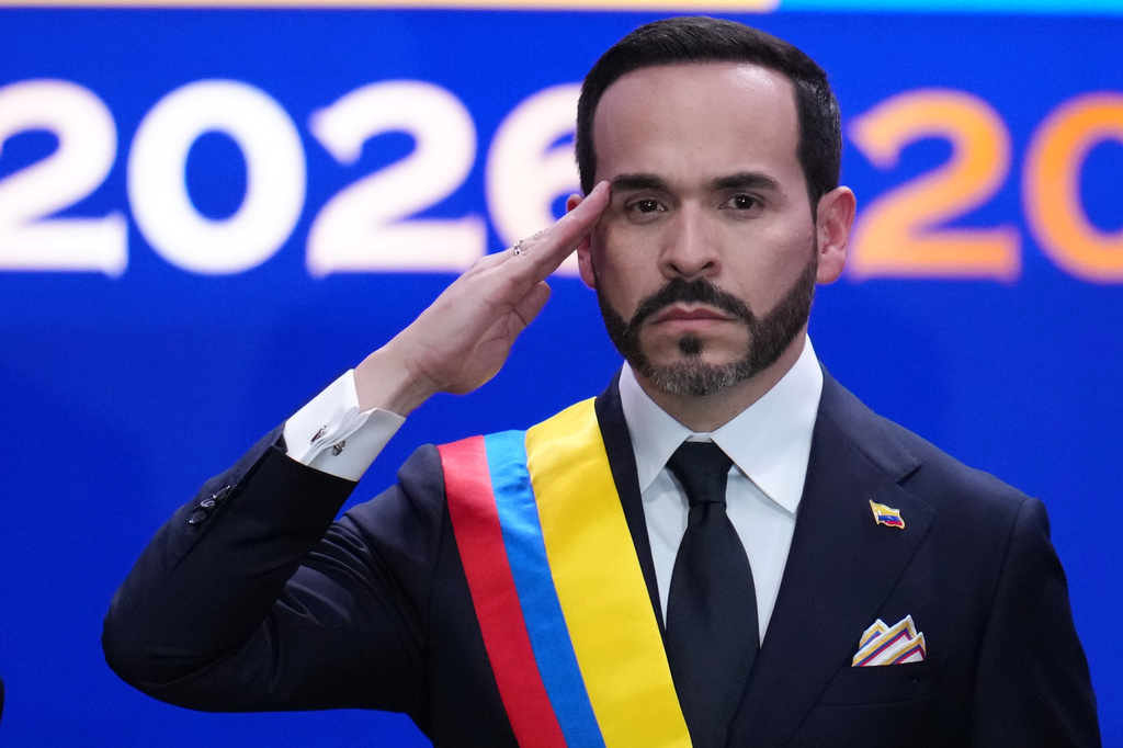 FILE - Colombia's President Abelardo de la Espriella salutes after taking the oath of office in Cali, Colombia, Aug. 7, 2026. (AP Photo/Matias Delacroix, File)