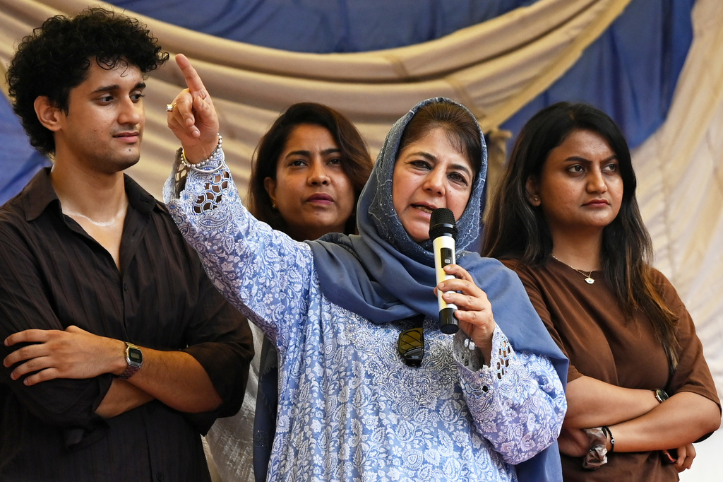 Mehbooba Mufti, leader of the Jammu and Kashmir People's Democratic Party, speaks during a demonstration demanding educational reforms as part of the Cockroach Janta Party's ongoing protest movement in New Delhi, India, Thursday, July 23, 2026. (AP Photo/Vipin)
