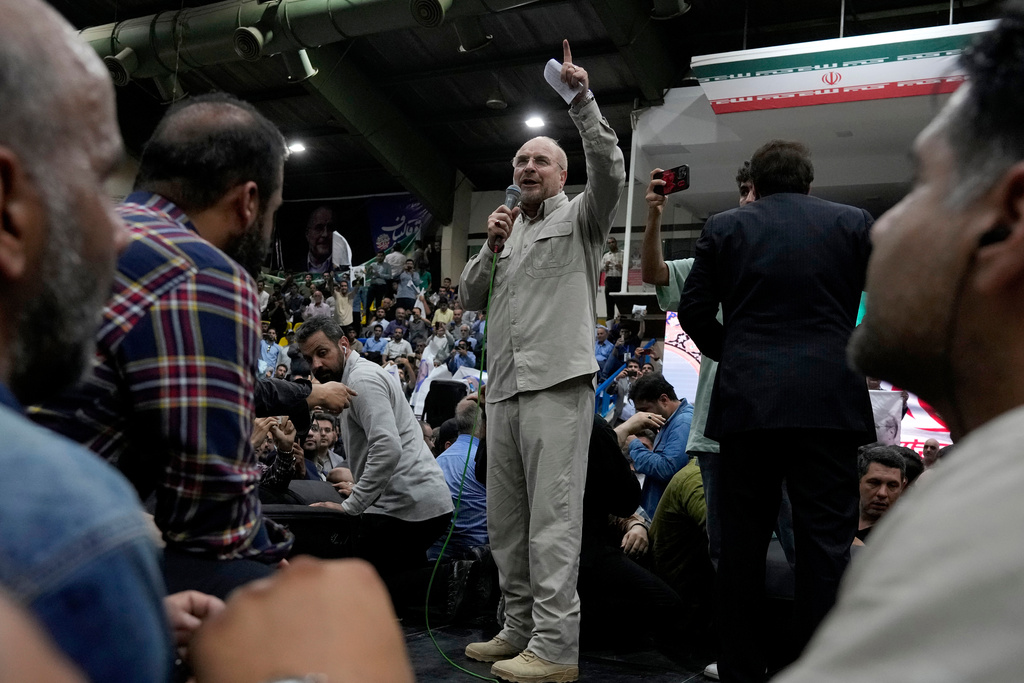FILE - Iran's parliament speaker Mohammad Bagher Qalibaf, the most prominent hard-line candidate for the June 28 presidential election, speaks in his campaign gathering in Tehran, Iran, on June 26, 2024. (AP Photo/Vahid Salemi, File)