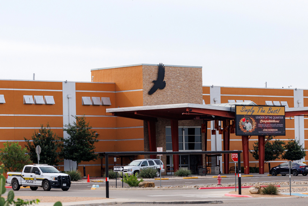 Security and police vehicles surround the entrance to Kickapoo Lucky Eagle Casino in Eagle Pass, Texas, Monday, Sept. 29, 2025, after a deadly shooting at the casino late Saturday night. (Sam Owens/The San Antonio Express-News via AP)