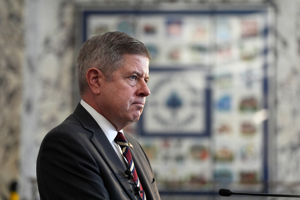 Dauphin County District Attorney Francis T. Chardo speaks during a news conference, after Cody Balmer, accused setting a fire at Pennsylvania Gov. Josh Shapiro's official residence, made a court appearance at Dauphin County Courthouse on Tuesday, Oct. 14, 2025 in Harrisburg, Pa. (AP Photo/Matt Slocum)