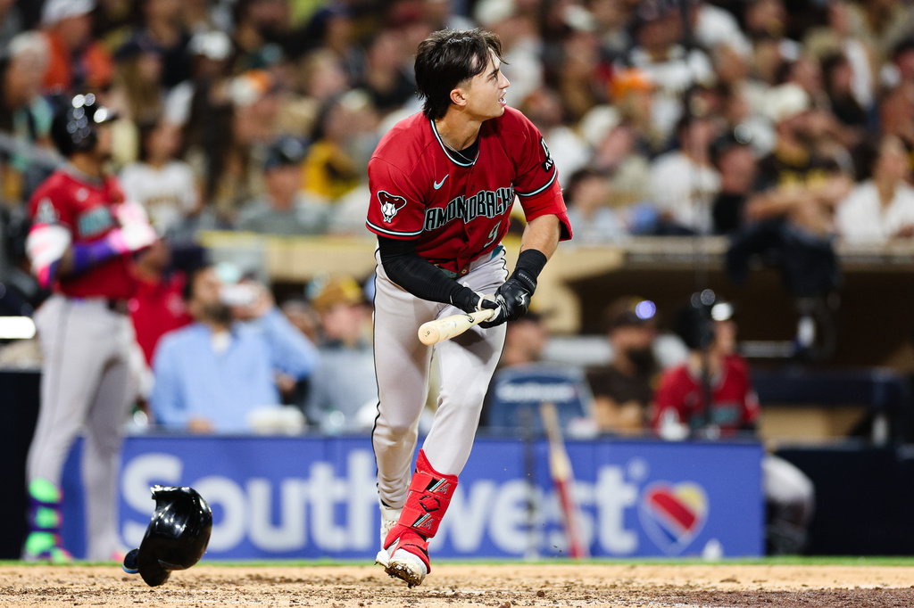 Arizona Diamondbacks' Tommy Troy watches his solo home run against the San Diego Padres in the seventh inning of a baseball game Wednesday, July 8, 2026, in San Diego. (AP Photo/Derrick Tuskan)