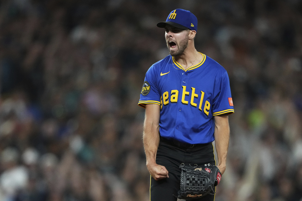 Seattle Mariners relief pitcher Matt Brash reacts to earning the save in a win against the Tampa Bay Rays in a baseball game Friday, Aug. 8, 2025, in Seattle. (AP Photo/Lindsey Wasson)