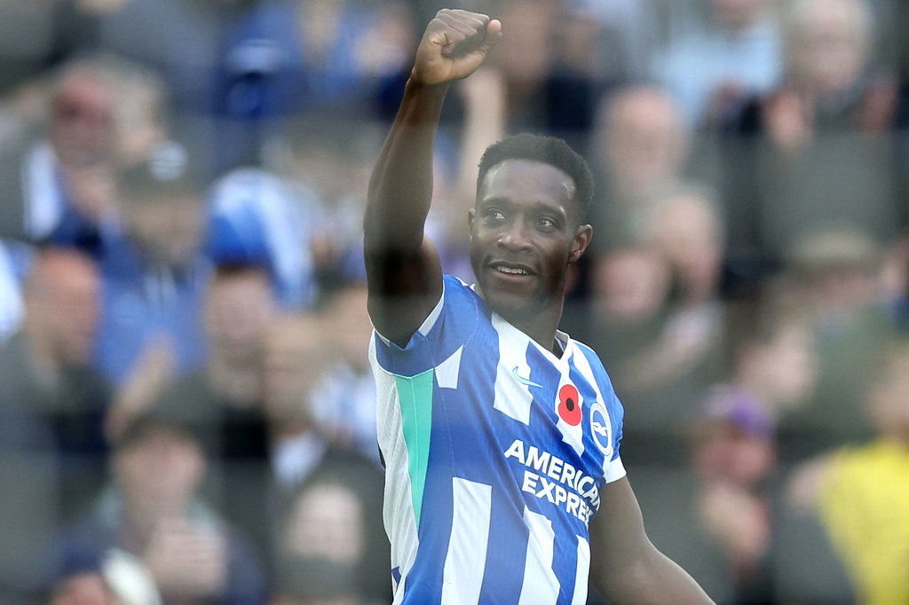Brighton and Hove Albion's Danny Welbeck celebrates scoring during the English Premier League soccer match between Brighton and Hove Albion and Leeds United in Brighton, England, Saturday Nov. 1, 2025. (Steven Paston/PA via AP)