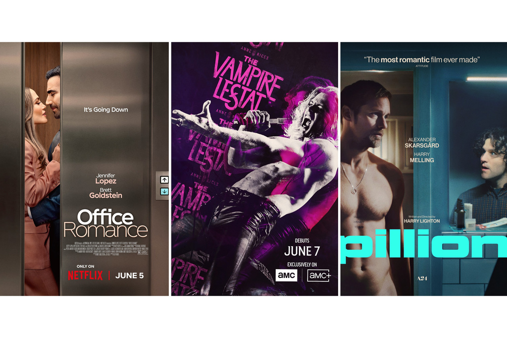 This combination of photos show promotional art for the film "Office Romance," left, the series "The Vampire Lestat," center, and the film "Pillion." (Netflix/AMC/A24 via AP)