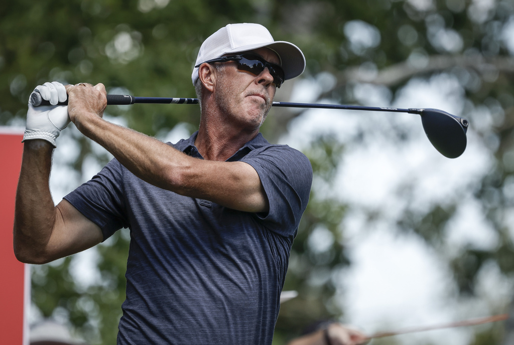 Australia's Richard Green hits a tee shot on the eighth hole during the final round at the PGA Tour Champions golf tournament in Calgary, Alberta, Sunday, Aug. 17, 2025. (Jeff McIntosh/The Canadian Press via AP)