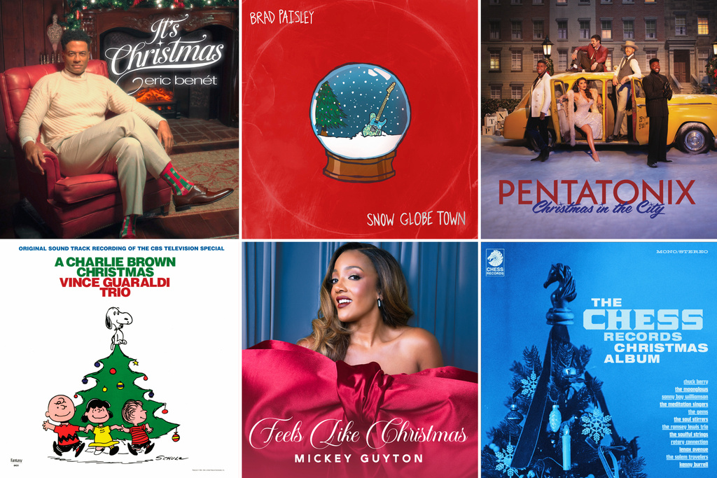 This combination of cover images shows "It's Christmas" by Eric Benet, top row from left, "Snow Globe Town" by Brad Paisley, "Christmas in the City" by Pentatonix, "A Charlie Brown Christmas," "Feels Like Christmas" by Mickey Guyton, and "The Chess Records Christmas Album." (JBR Records/Mercury Nashville/Republic Records/Craft Recordings/MCA Nashville/Chess Records via AP)
