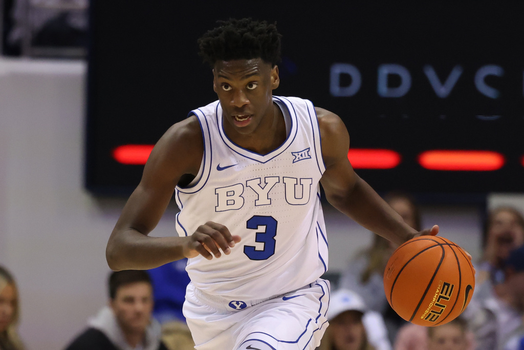 BYU forward AJ Dybantsa brings the ball up the court against Texas Tech during the first half of an NCAA college basketball game, Saturday, March 7, 2026, in Provo, Utah. (AP Photo/Rob Gray)