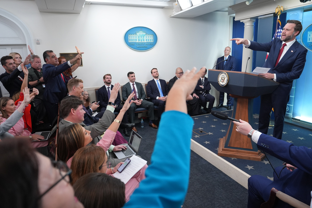 Vice President JD Vance speaks with reporters in the James Brady Press Briefing Room at the White House, Thursday, Sept. 3, 2026, in Washington. (AP Photo/Alex Brandon) CORRECTION: Date corrected to Sept. 3 instead of July 23.