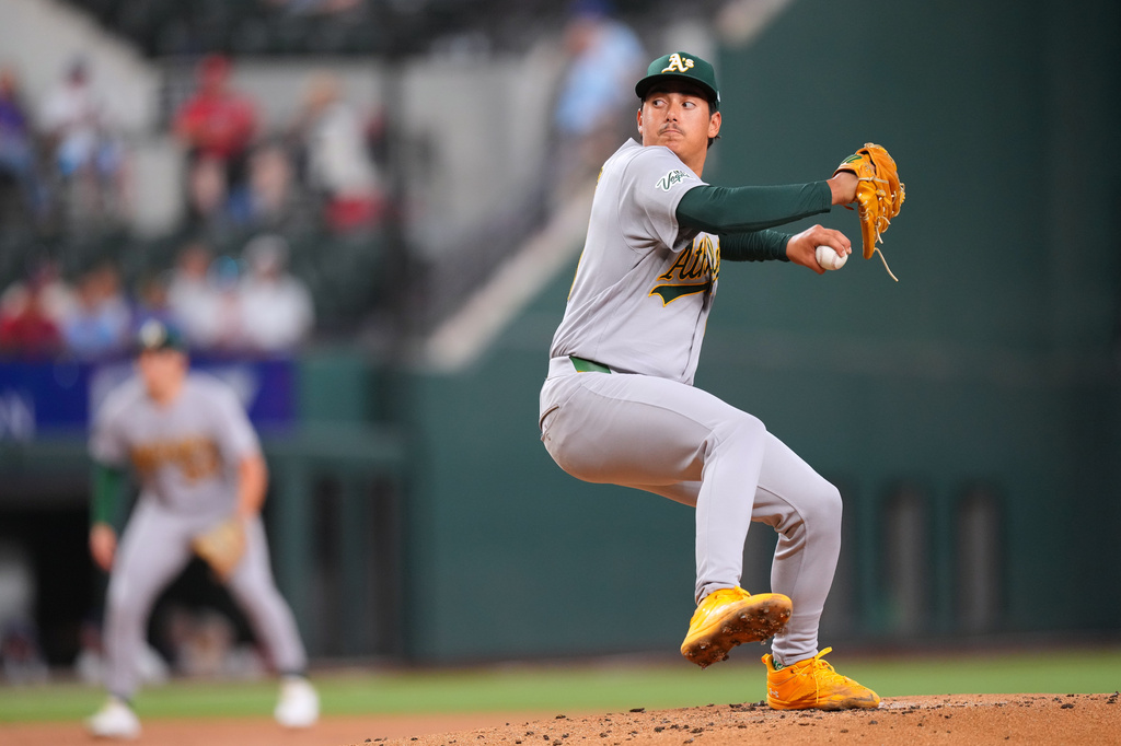 Athletics starting pitcher Gage Jump throws to the Texas Rangers during the first inning of a baseball game Monday, Aug. 31, 2026, in Arlington, Texas. (AP Photo/Julio Cortez)