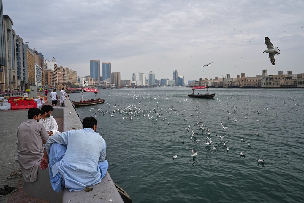 Afghan men watch as seagulls fly over Dubai Creek in Dubai, United Arab Emirates, Tuesday, March 10, 2026. (AP Photo/ Fatima Shbair)