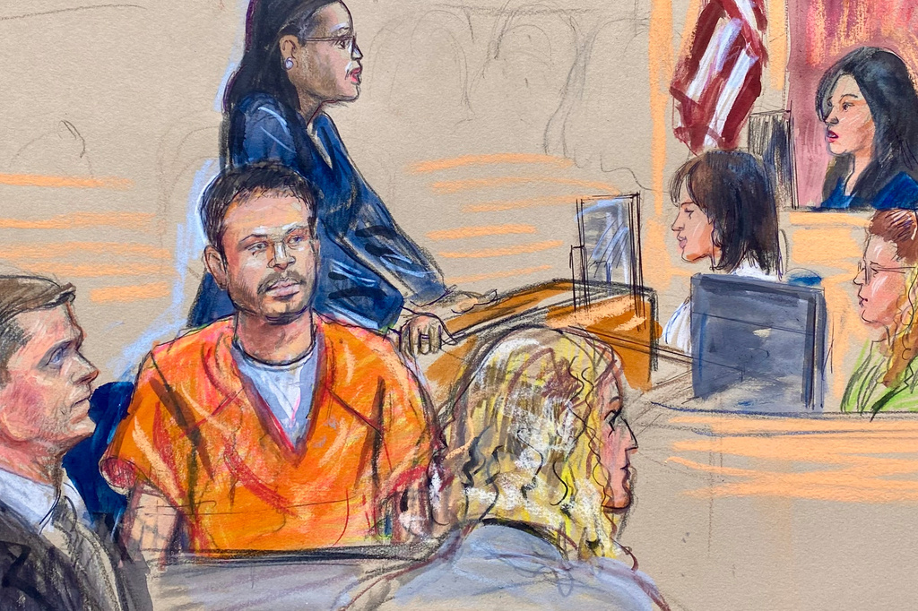 This courtroom sketch depicts Cole Tomas Allen, seated center, the California man arrested in the shooting incident at the correspondents dinner in Washington, seen appearing before U.S. Magistrate Moxila Upadhyaya, in federal court, Thursday, April 30, 2026 in Washington. (Dana Verkouteren via AP)