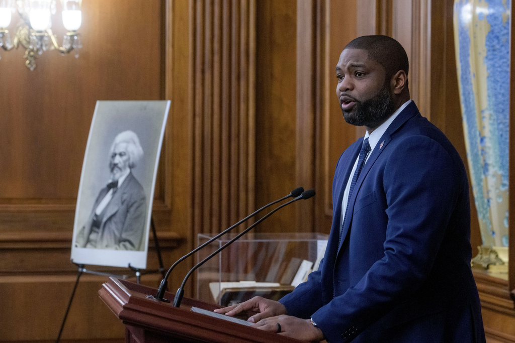 Rep. Byron Donalds, R-Fla., speaks during a formal dedication of the House Press Gallery in honor of Frederick Douglass on Capitol Hill, Thursday, Feb., 12, 2026, in Washington. Frederick Douglass was the first African American reporter admitted into the Capitol press galleries. (AP Photo/Rod Lamkey, Jr.)