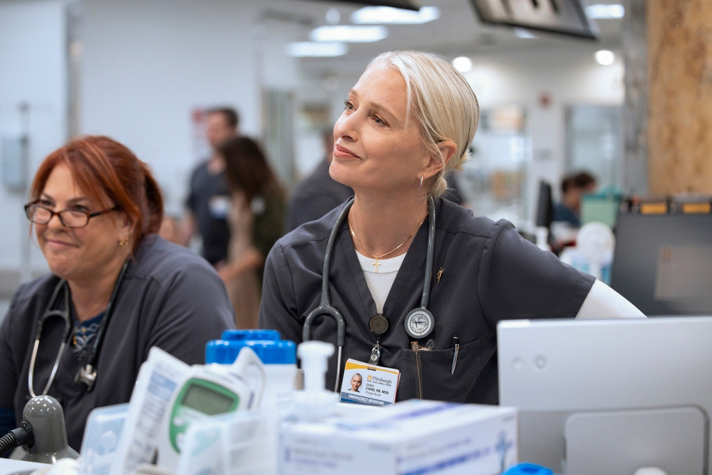 This image released by HBO Max shows Katherine LaNasa in a scene from "The Pitt." (Warrick Page/HBO Max via AP)