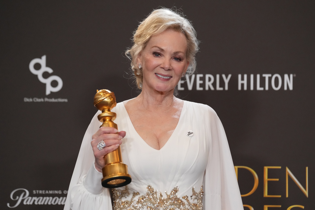 Jean Smart poses in the press room with the award for best performance by a female actor in a television series – musical or comedy for "Hacks" during the 83rd Golden Globes on Sunday, Jan. 11, 2026, at the Beverly Hilton in Beverly Hills, Calif. (AP Photo/Chris Pizzello)