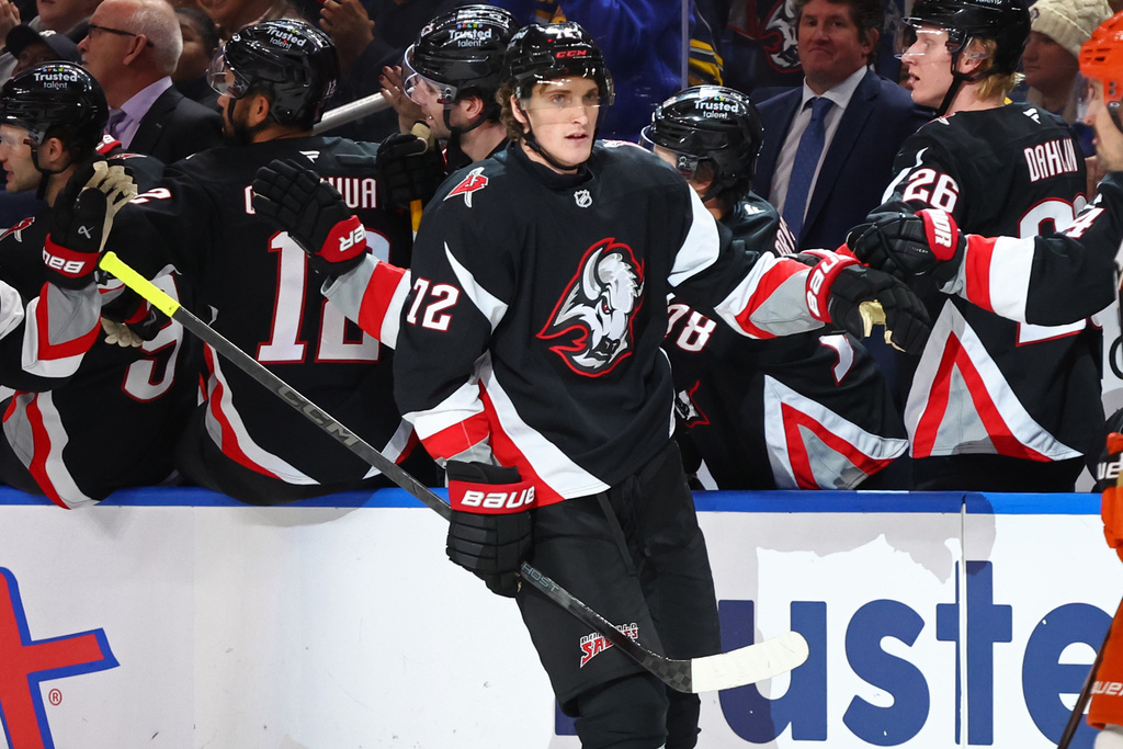 Buffalo Sabres center Tage Thompson (72) celebrates his goal during the second period of an NHL hockey game against the Anaheim Ducks Saturday, Jan. 10, 2026, in Buffalo, N.Y. (AP Photo/Jeffrey T. Barnes)