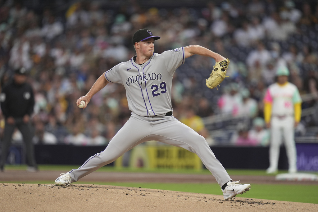 Colorado Rockies starting pitcher Tanner Gordon works against a San Diego Padres batter during the first inning of a baseball game Friday, Sept. 12, 2025, in San Diego. (AP Photo/Gregory Bull)