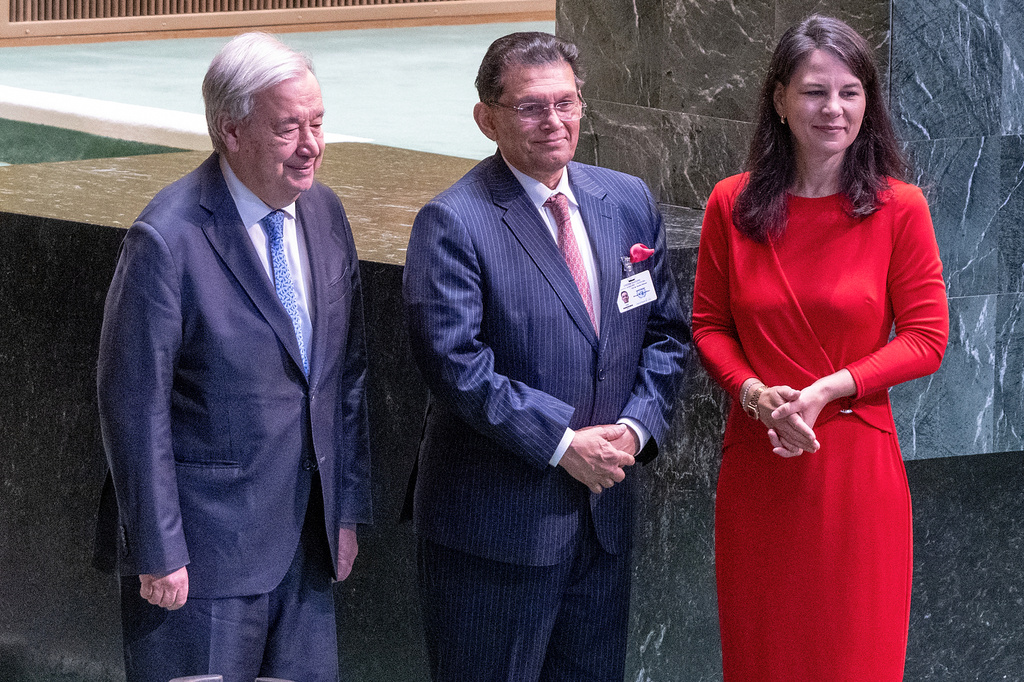UN Secretary General Antonio Guterres, left, and 80th President of the United Nations General Assembly Annalena Baerbock, right, flank Bangladesh Foreign Minister Khalilur Rahman, newly elected President of the 81st UN General Assembly, Tuesday, June 2, 2026. (UN Photo/Eskinder Debebe via AP)