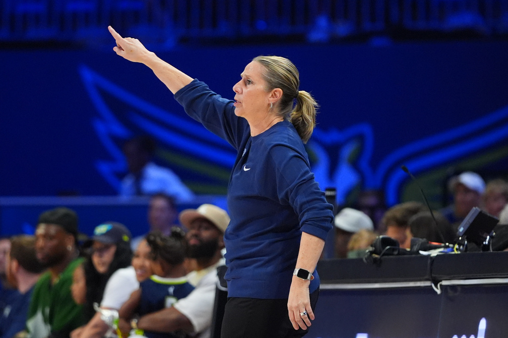 Minnesota Lynx head coach Cheryl Reeve gestures during a WNBA basketball game against the Dallas Wings in Arlington, Texas, Sunday, June 28, 2026. (AP Photo/LM Otero)