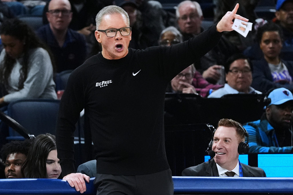 DePaul head coach Chris Holtmann gives directions during the first half of an NCAA college basketball game against St. John's in Chicago, Tuesday, Feb. 3, 2026. (AP Photo/Nam Y. Huh)