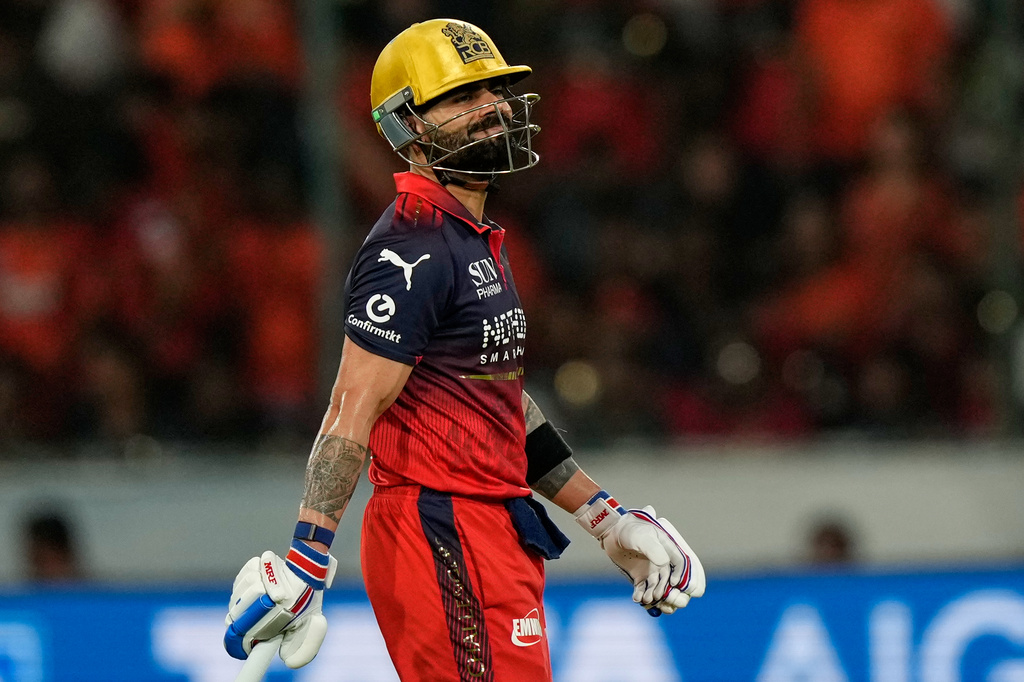 Royal Challengers Bengaluru's Virat Kohli leaves the ground after losing his wicket during the Indian Premier League cricket match between Sunrisers Hyderabad and Royal Challengers Bengaluru in Hyderabad, India, Friday, May 22, 2026. (AP Photo/Mahesh Kumar A.)