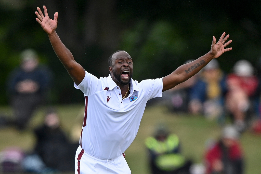 West Indies bowler Kemar Roach appeals for the wicket of New Zealand's Kane Williamson during their cricket test match in Christchurch, New Zealand, Tuesday, Dec. 2, 2025. (John Davidson/Photosport via AP)