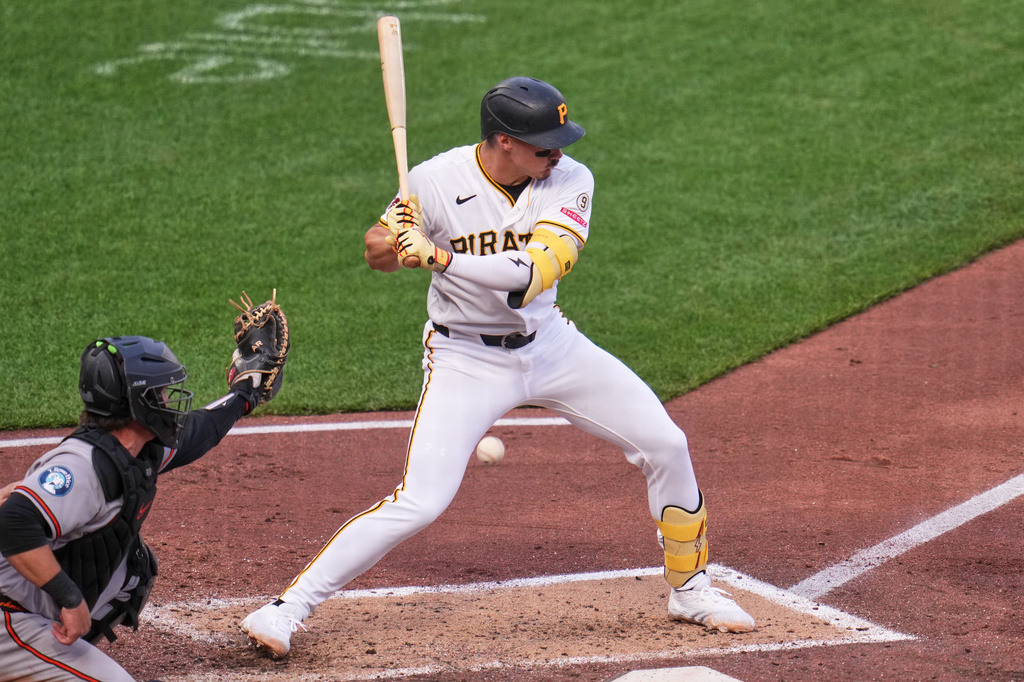 Pittsburgh Pirates' Konnor Griffin is hit by a pitch from Baltimore Orioles pitcher Shane Baz during the fourth inning of a baseball game in Pittsburgh, Saturday, April 4, 2026. (AP Photo/Gene J. Puskar)
