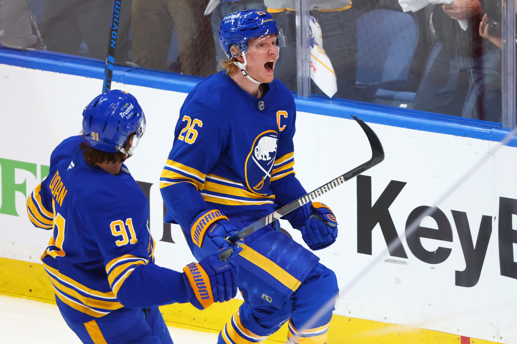 Buffalo Sabres defenseman Rasmus Dahlin (26) celebrates after his goal during the third period in Game 7 of a second-round NHL hockey Stanley Cup playoff series against the Montreal Canadiens, Monday, May 18, 2026, in Buffalo, N.Y. (AP Photo/Jeffrey T. Barnes)