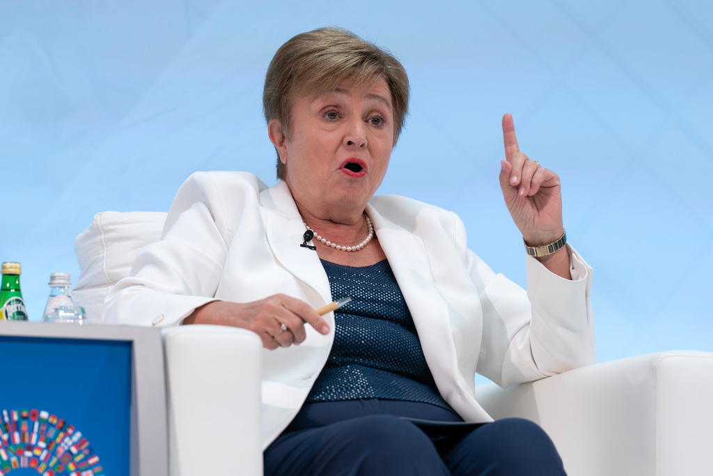 International Monetary Fund (IMF) Managing Director Kristalina Georgieva speaks at The Future of Finance conference during the World Bank/IMF Annual Meetings at the International Monetary Fund (IMF) headquarters in Washington, Tuesday, Oct. 14, 2025. (AP Photo/Jose Luis Magana)