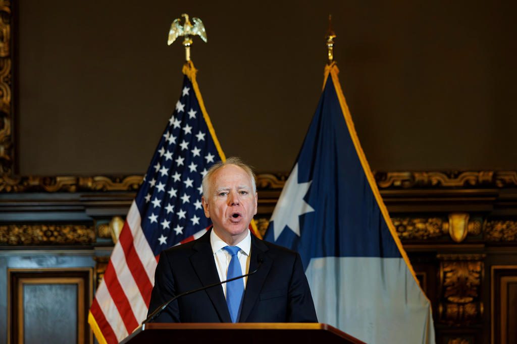 Minnesota Gov. Tim Walz holds a news conference at the Minnesota State Capitol on Monday, Jan. 5, 2026, in St. Paul, Minn. (Kerem Yücel/Minnesota Public Radio via AP)