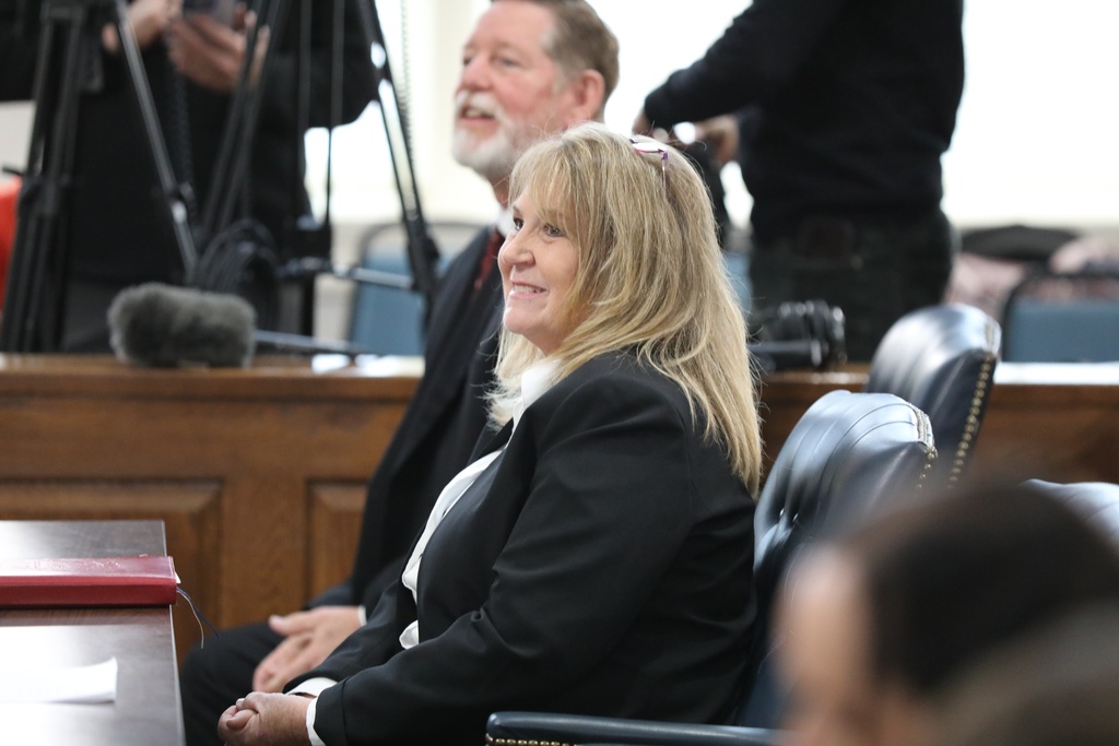 Former Colleton County Clerk of Court Mary Rebecca "Becky" Hill awaits a court hearing on Monday, Dec. 8, 2025, in St. Matthews, S.C. (AP Photo/Jeffrey Collins)