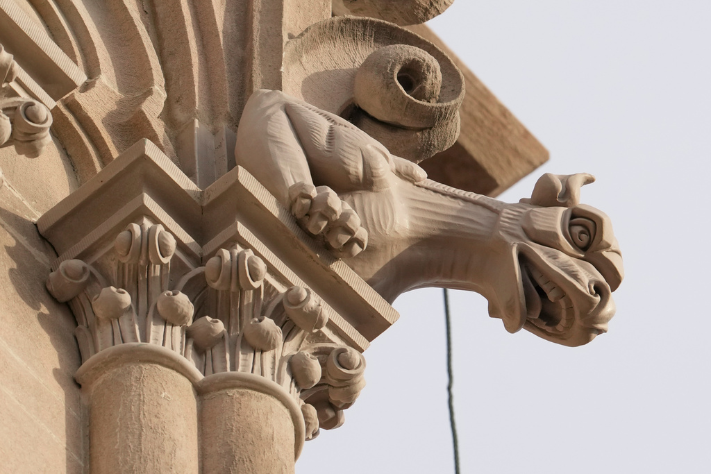 A general view of gargoyles on the Cathedral Basilica of the Assumption, Thursday, Jan. 8, 2026, in Covington, Kentucky. (AP Photo/Jeff Dean)